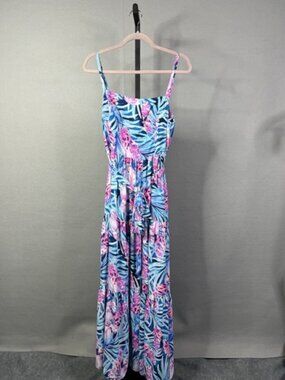 Lilly Pulitzer Blue & Pink Tropical Tiered Maxi Dress Sz 16